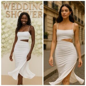 ZARA White Asymmetric Cutout Bodycon Midi Dress Ruched Sleeveless Medium